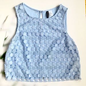 Cute & sexy lace overlay crop top in sky blue size 8 summer festival